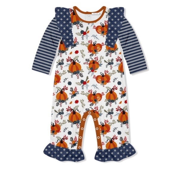 Little Millie | Pumpkin Patch & Dusty Navy Stripe Playsuit - 3 months - Picture 1 of 2